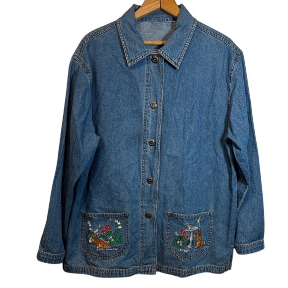 Y2K Cottagecore Cute Denim Embroidered Cat Flowers Button Front Women's Jacket